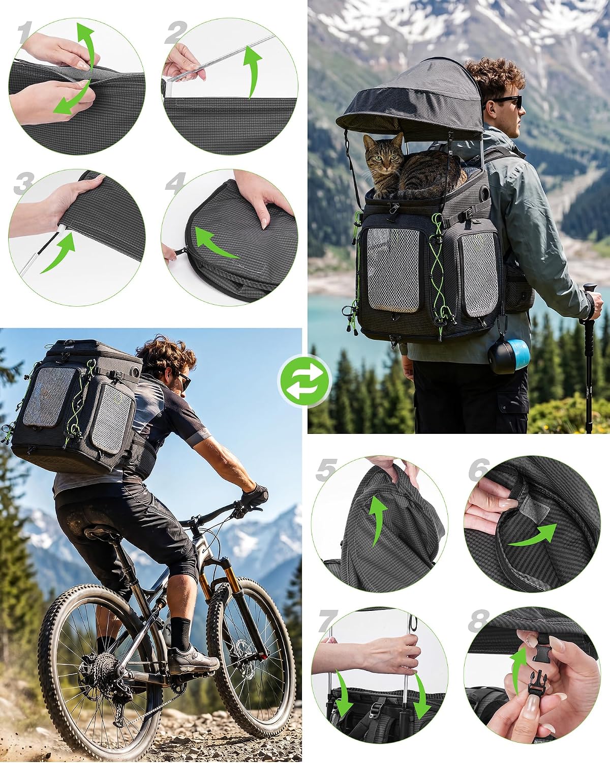 pecute cat backpack carrier,pet carrier backpack for hiking,ergonomic,black, front angle view