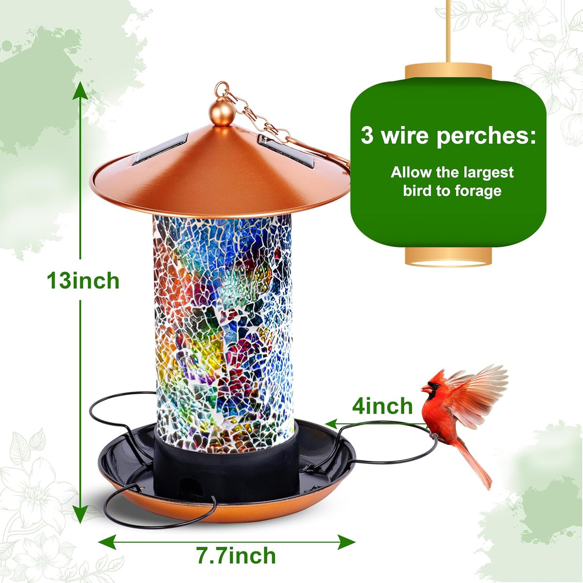 xdw-gifts mosaic solar wild bird feeder, waterproof lantern, close-up detail