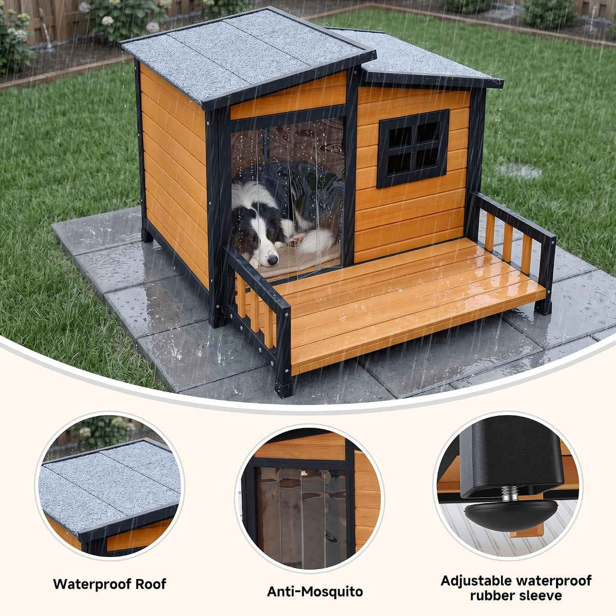 large dog house outdoor elevated wooden dog kennel, side view