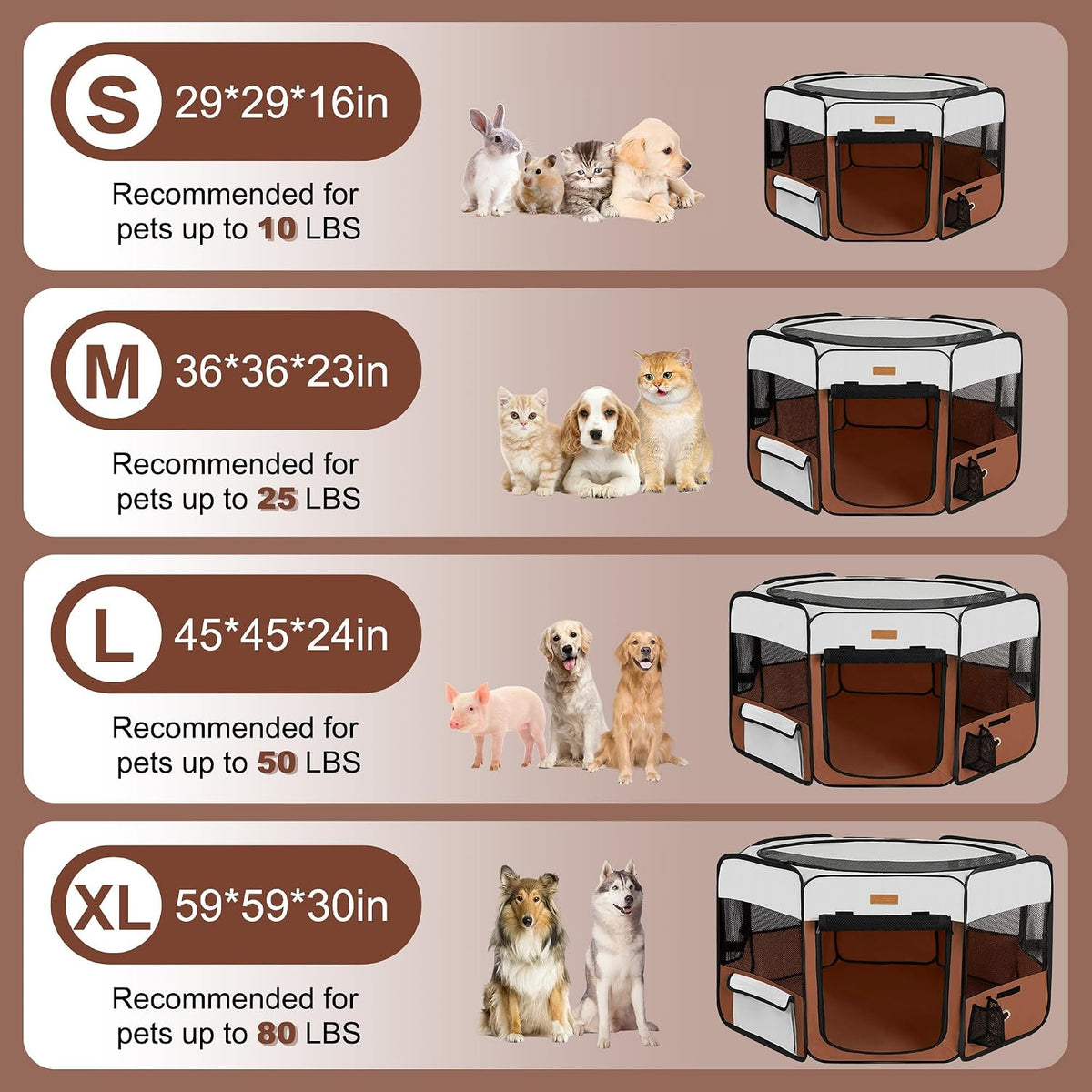 akinerri portable dog playpen, foldable pet play pen showing dimensions