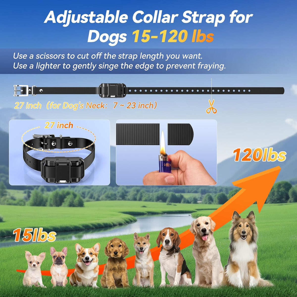 dog shock collar, ipx7 waterproof dog training collar showing dimensions