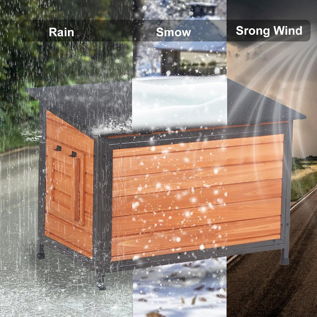outdoor insulated wooden dog house weatherproof metal frame, close-up detail