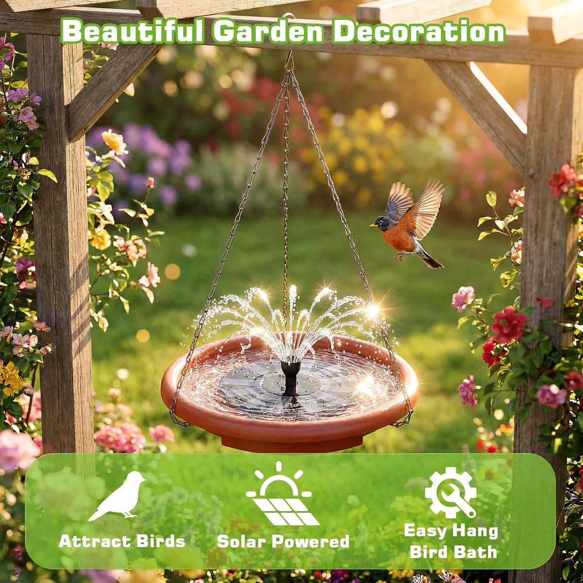 aisitin 15" hanging solar bird bath with solar, close-up detail