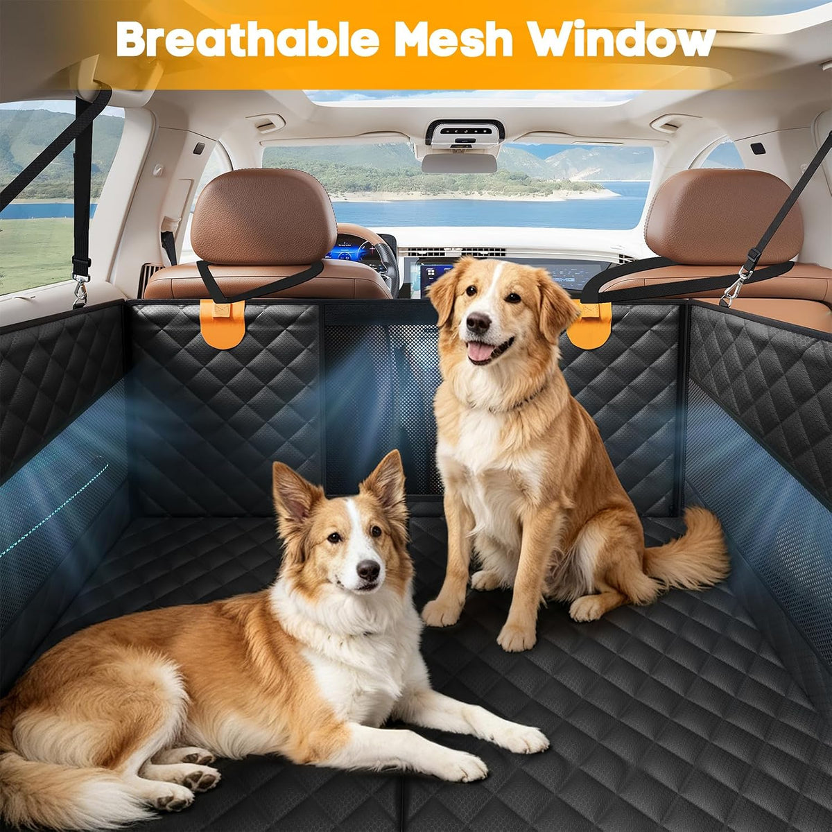 peticon large dog car seat, back seat extender showing dimensions