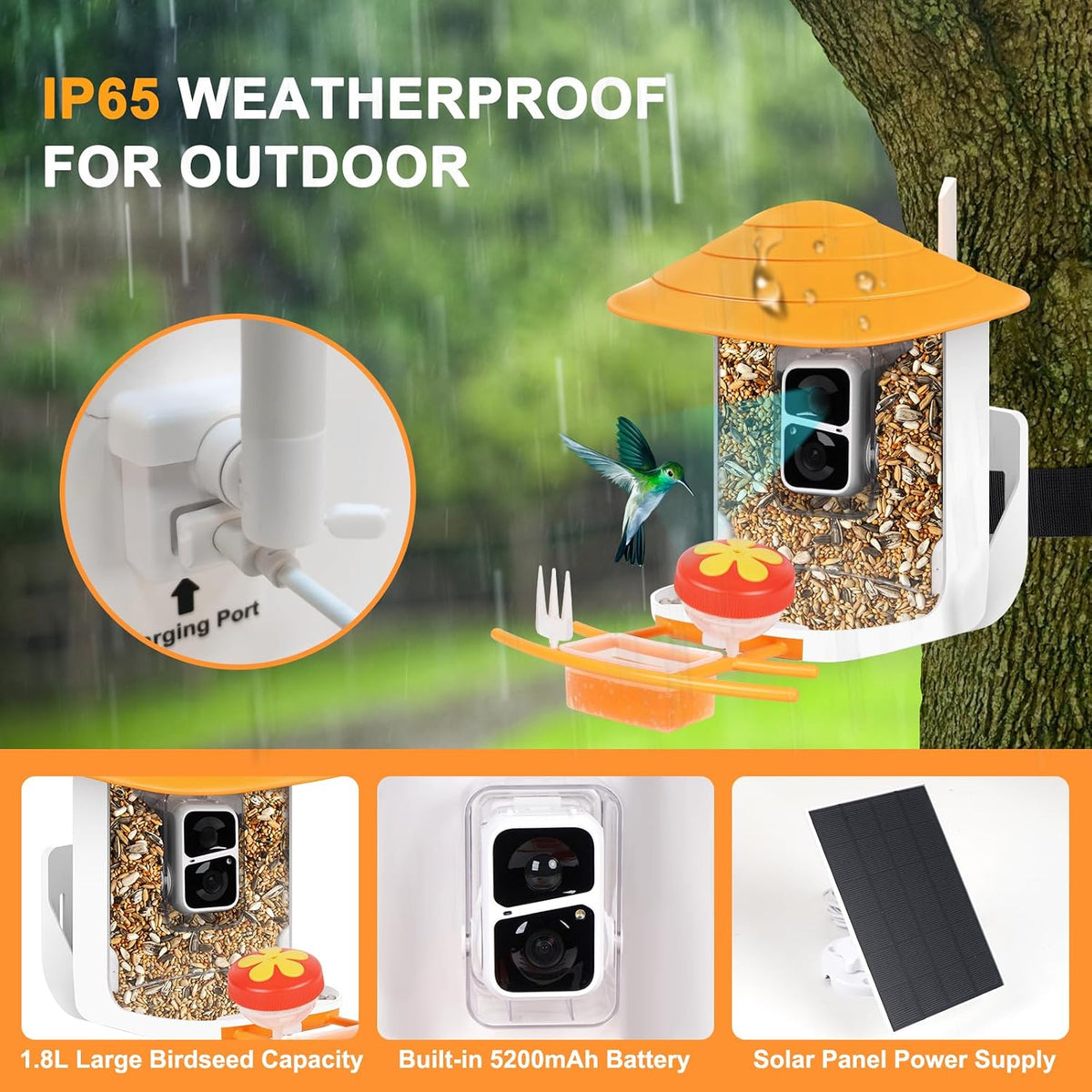 bird feeder with camera,1080p hd,160° wide angle,ai recognition, side view