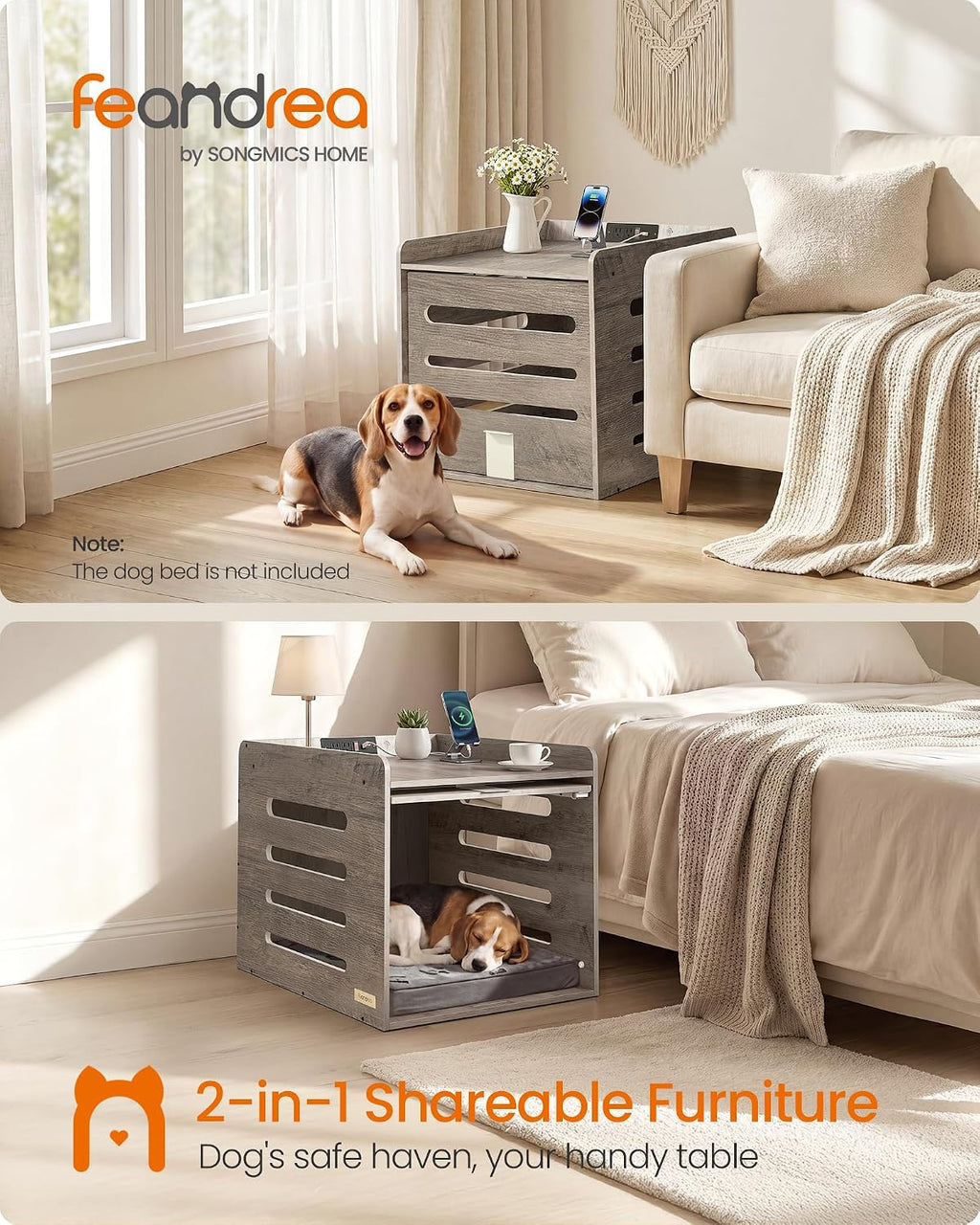 feandrea modern dog crate furniture, charging station, flip-up shown in use