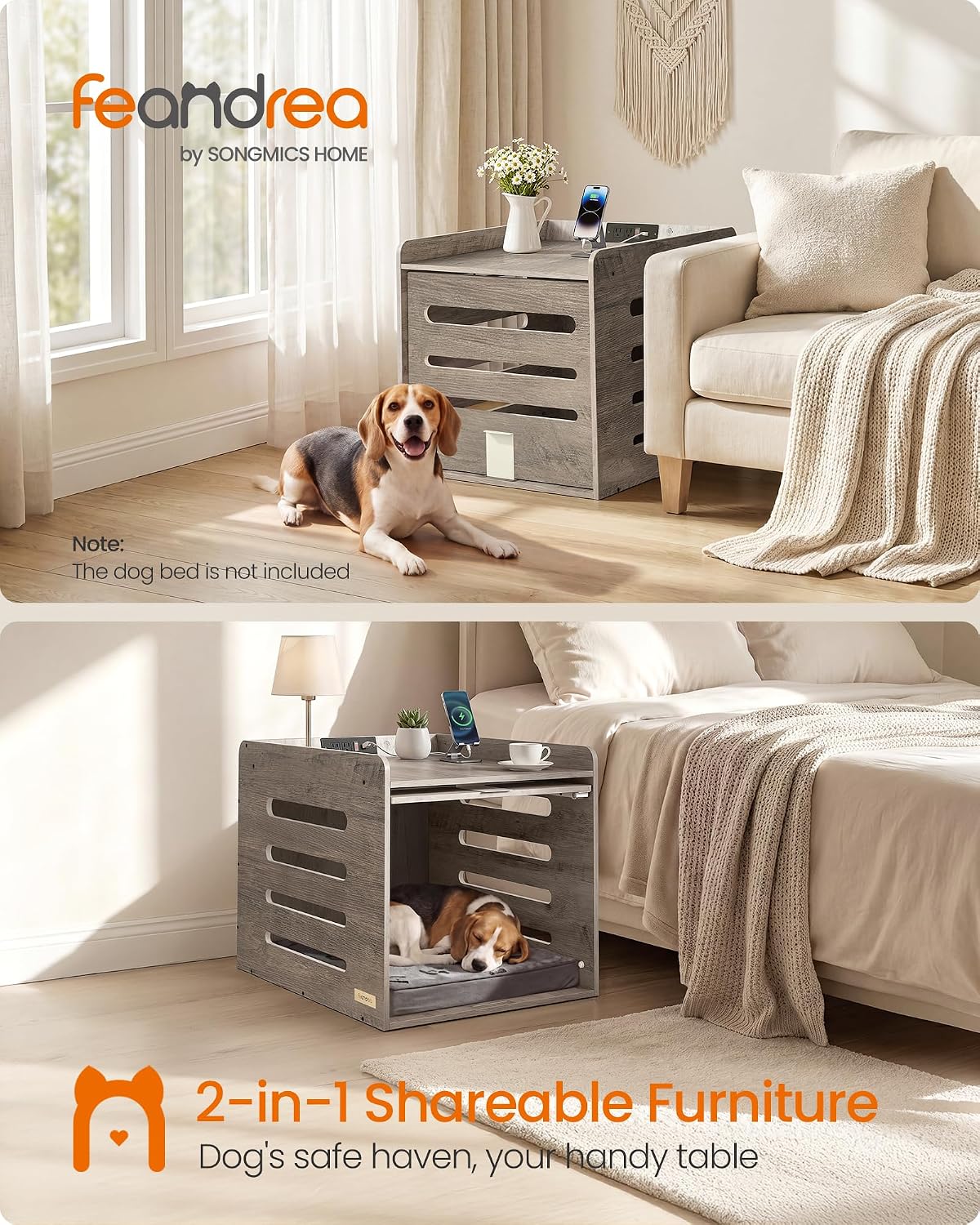 feandrea modern dog crate furniture, charging station, flip-up shown in use