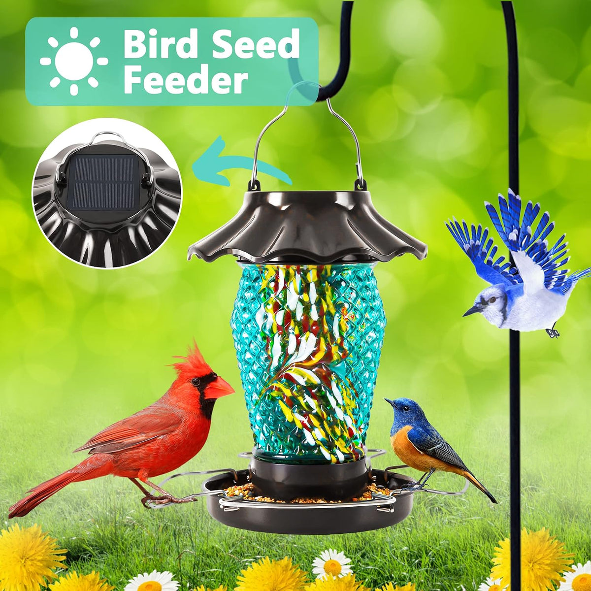 lujii solar powered bird feeder for outside hanging, close-up detail