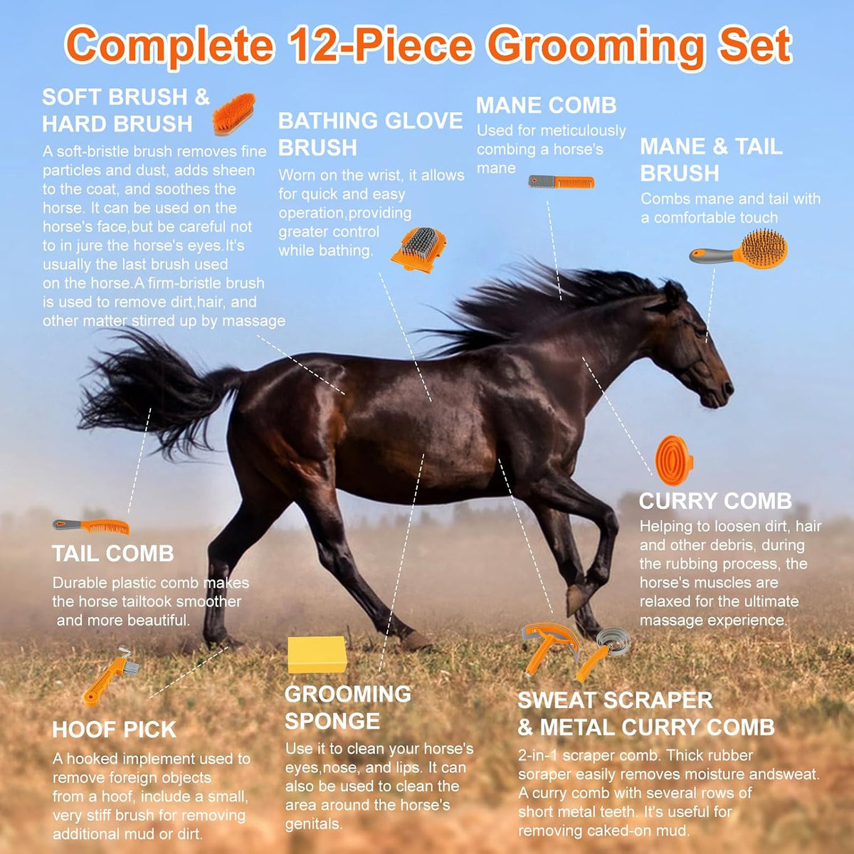horse grooming kit, 12-piece horse brush set with showing dimensions