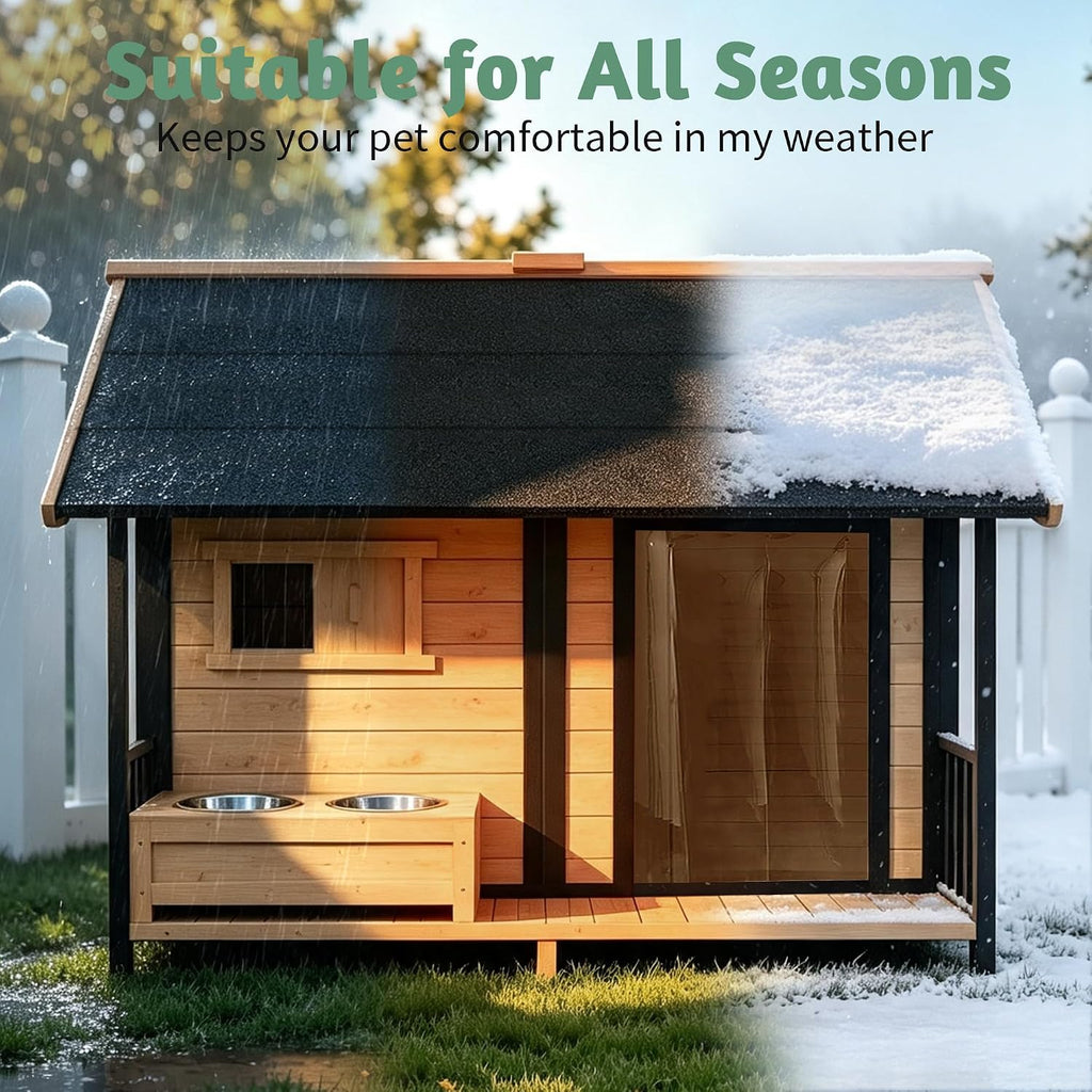 extra large dog house with porch& dog bowls showing dimensions