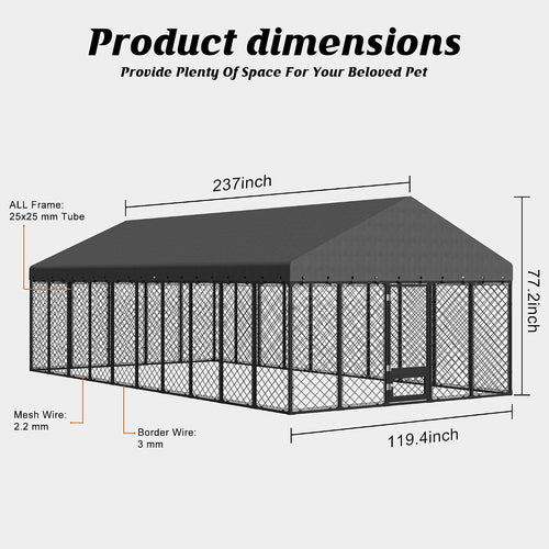 10x20ft outdoor dog kennel with roof and feeding shown in use