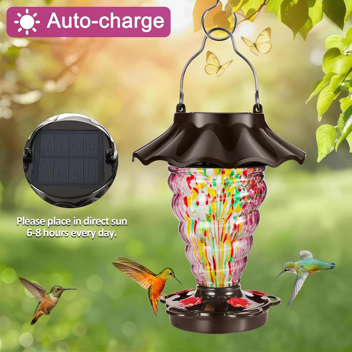 lujii solar hummingbird feeder for outdoor hanging, rgb shown in use