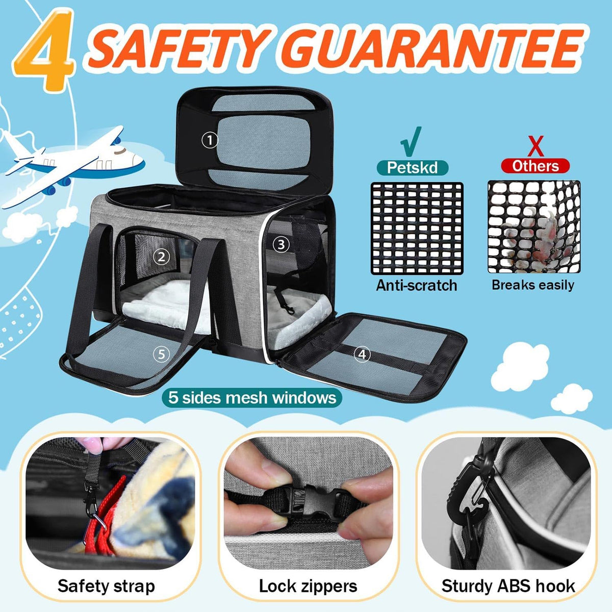 petskd top-expandable small pet carrier 18"x11"x11" airline approved showing dimensions
