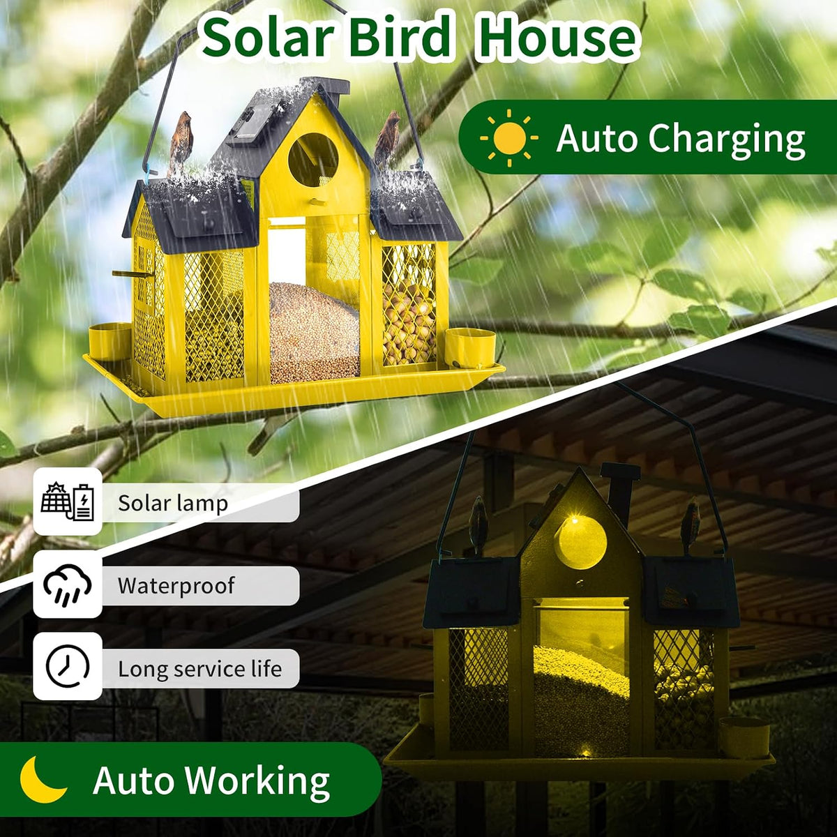 solar bird feeders house for outside hanging, metal, side view