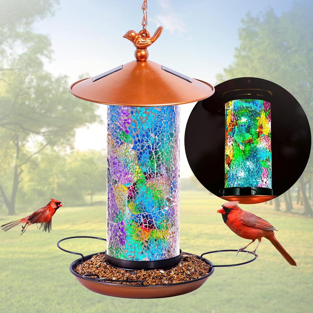 xdw-gifts mosaic solar bird feeder, waterproof lantern shape, main product view