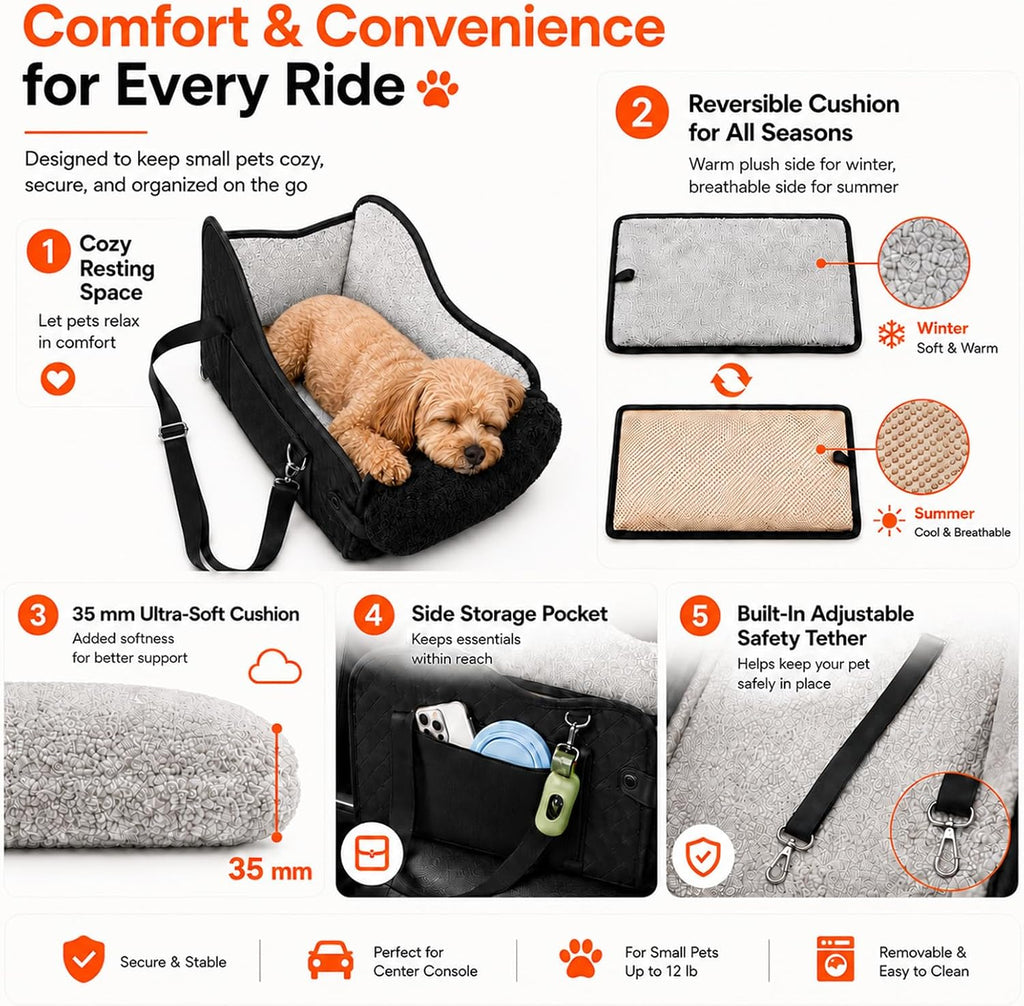 center console dog car seat for small dogs showing dimensions