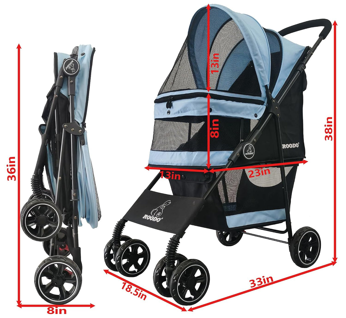 roodo 4 wheel dog cat pet stroller best, close-up detail
