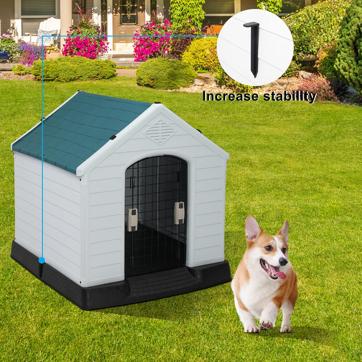 bonnlo plastic dog house, 26" l x 29" shown in use
