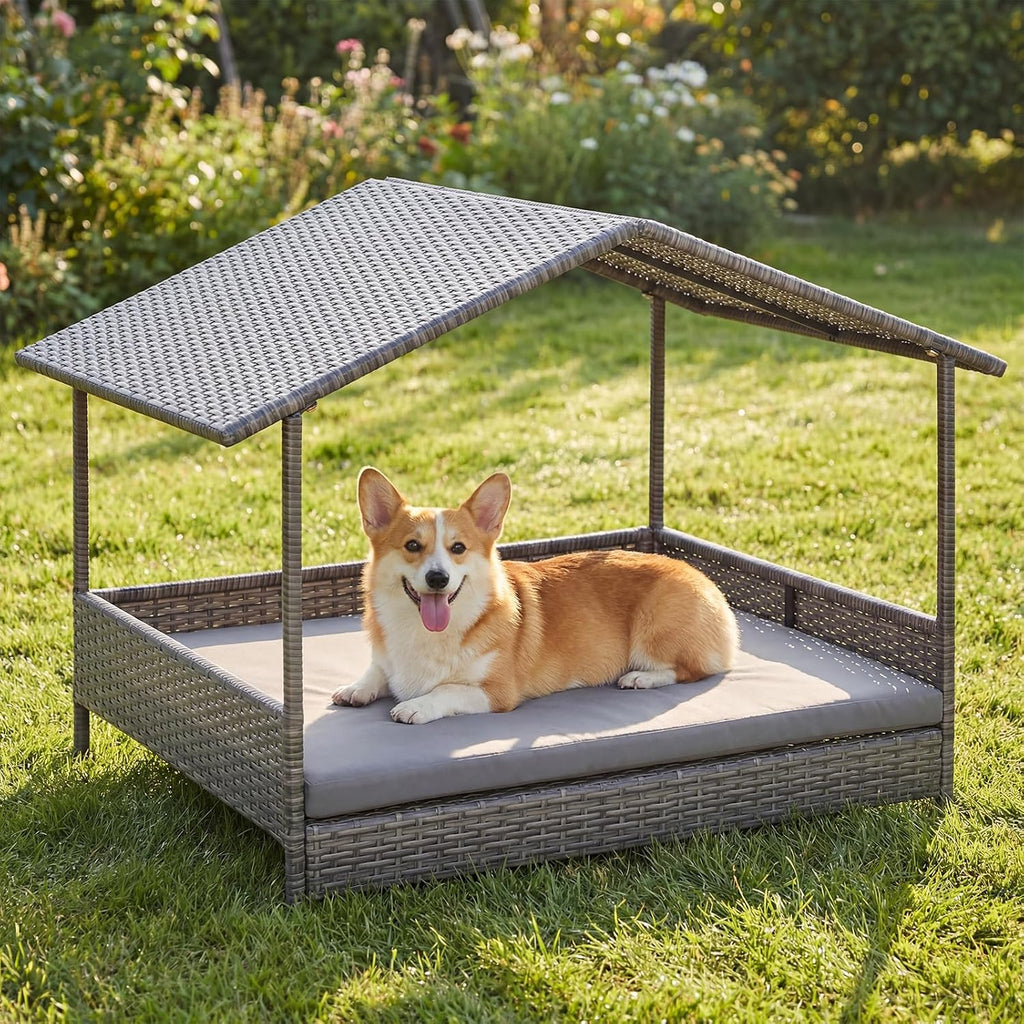 giantex outdoor wicker dog house with roof canopy shown in use