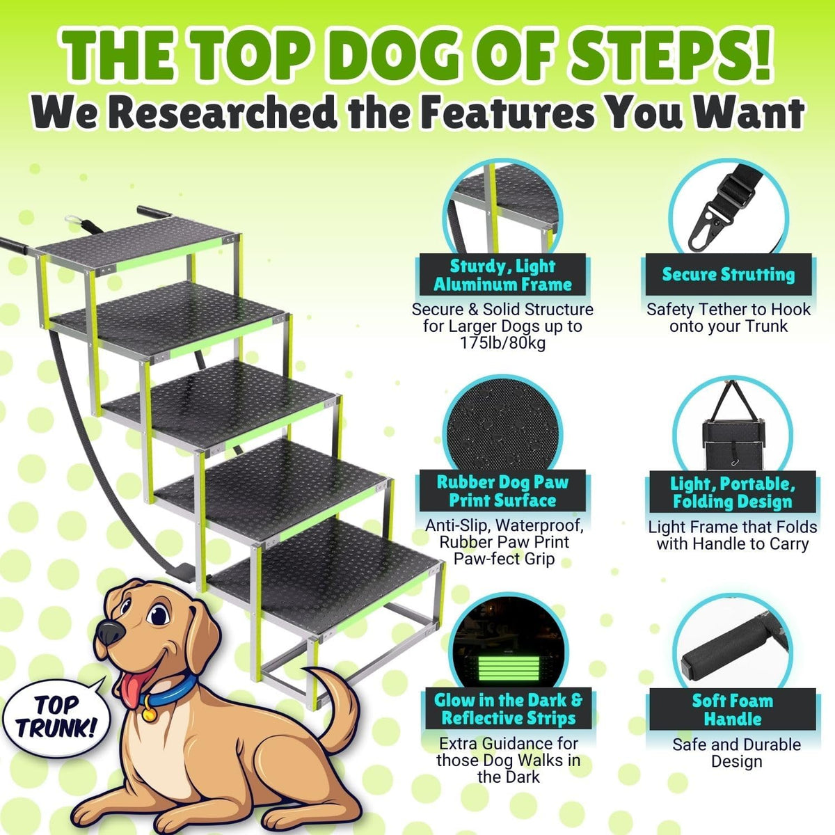 dog steps for car, non-slip aluminum stairs, 175lb showing dimensions