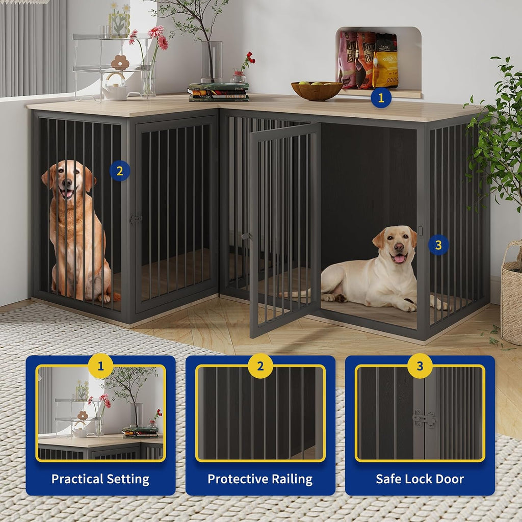 dog crate furniture for 2 dogs, 79.1" large, close-up detail