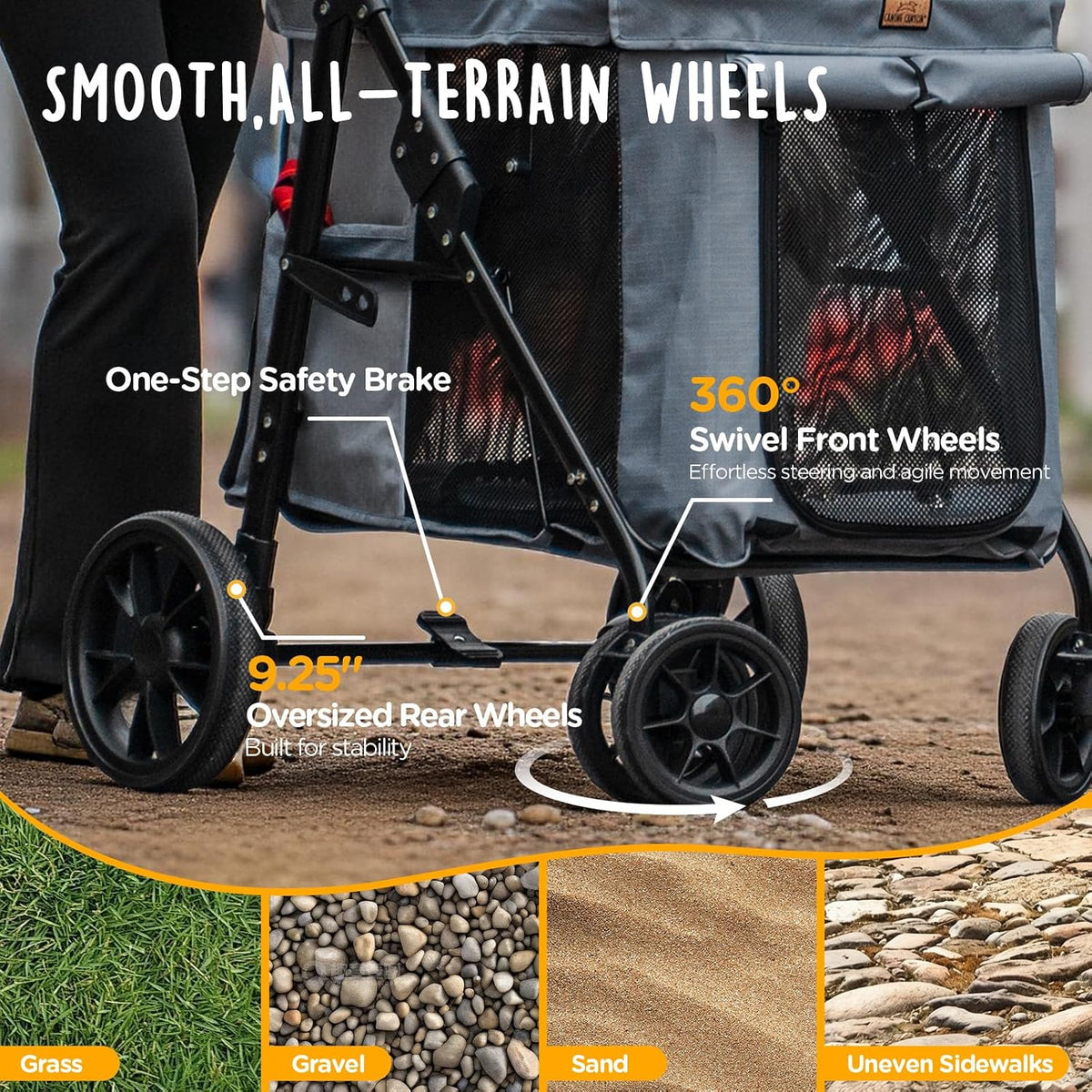canine canyon scout pet stroller, heavy duty dog, side view