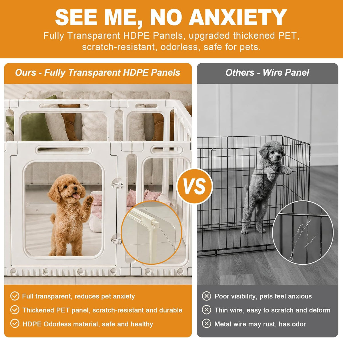 clear acrylic dog playpen indoor puppy pen, 24", close-up detail