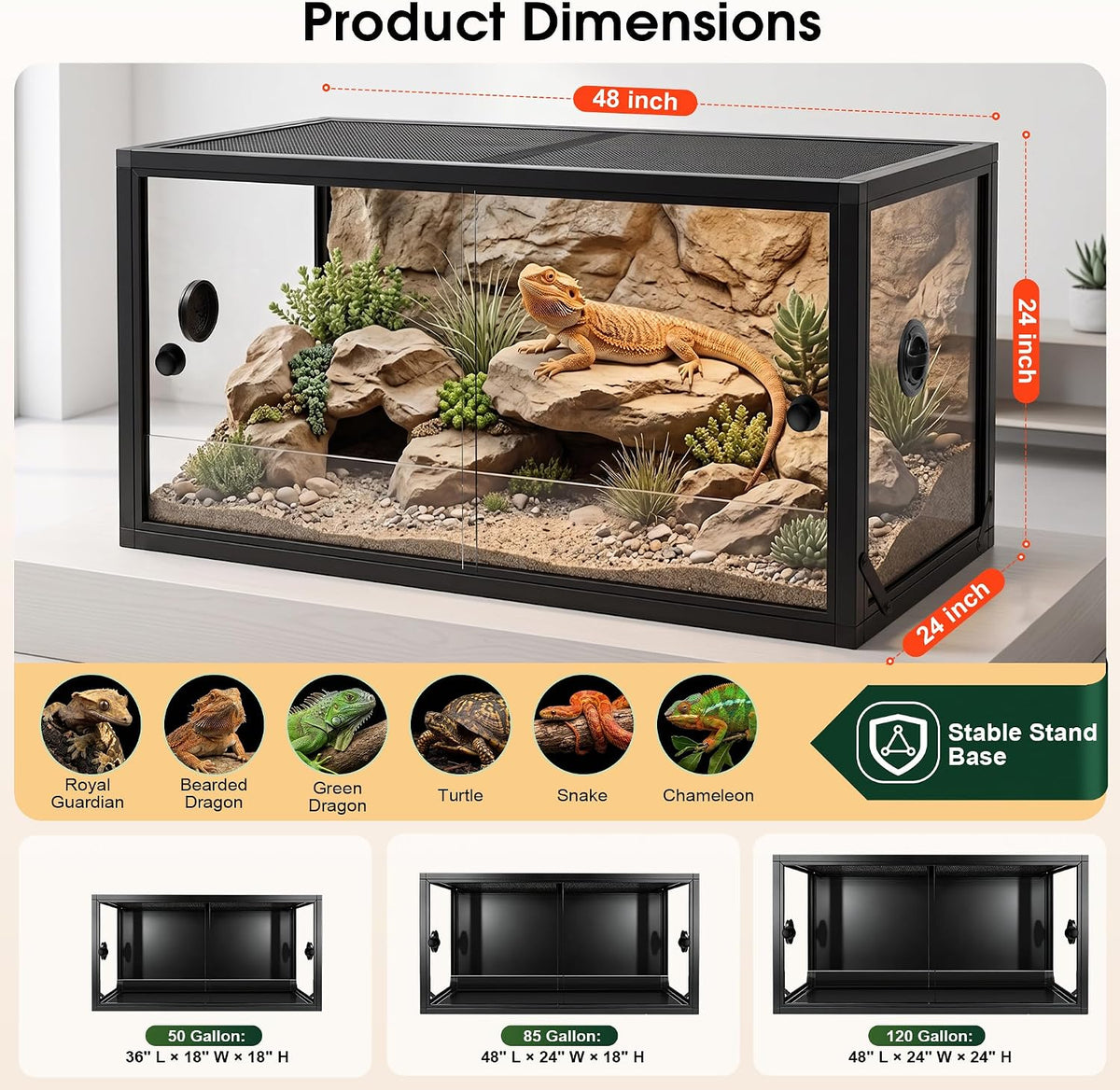 120 gallon gallon reptile enclosure, bearded dragon tank showing dimensions
