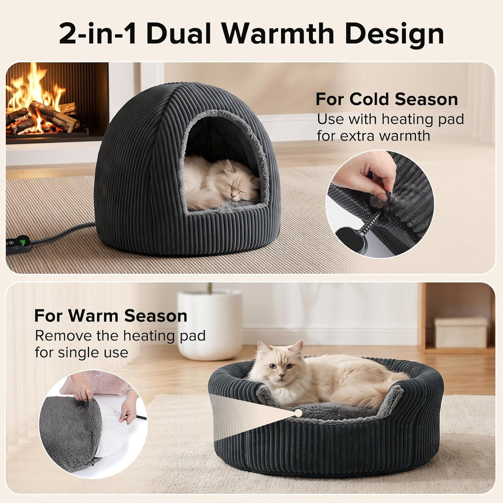 2 in 1 foldable heated cat cave beds shown in use