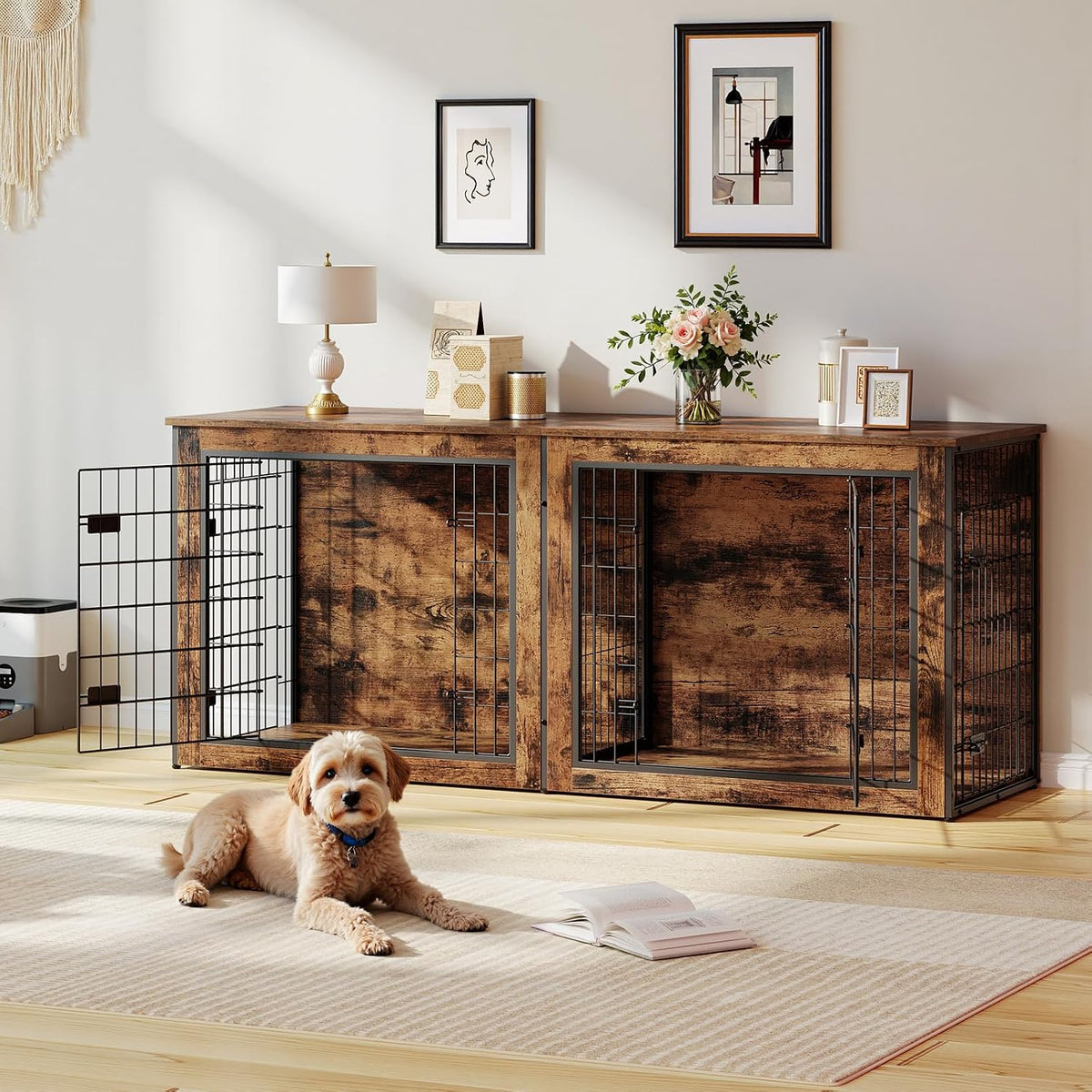 hoobro dog crate furniture for 2 dogs, 63" shown in use