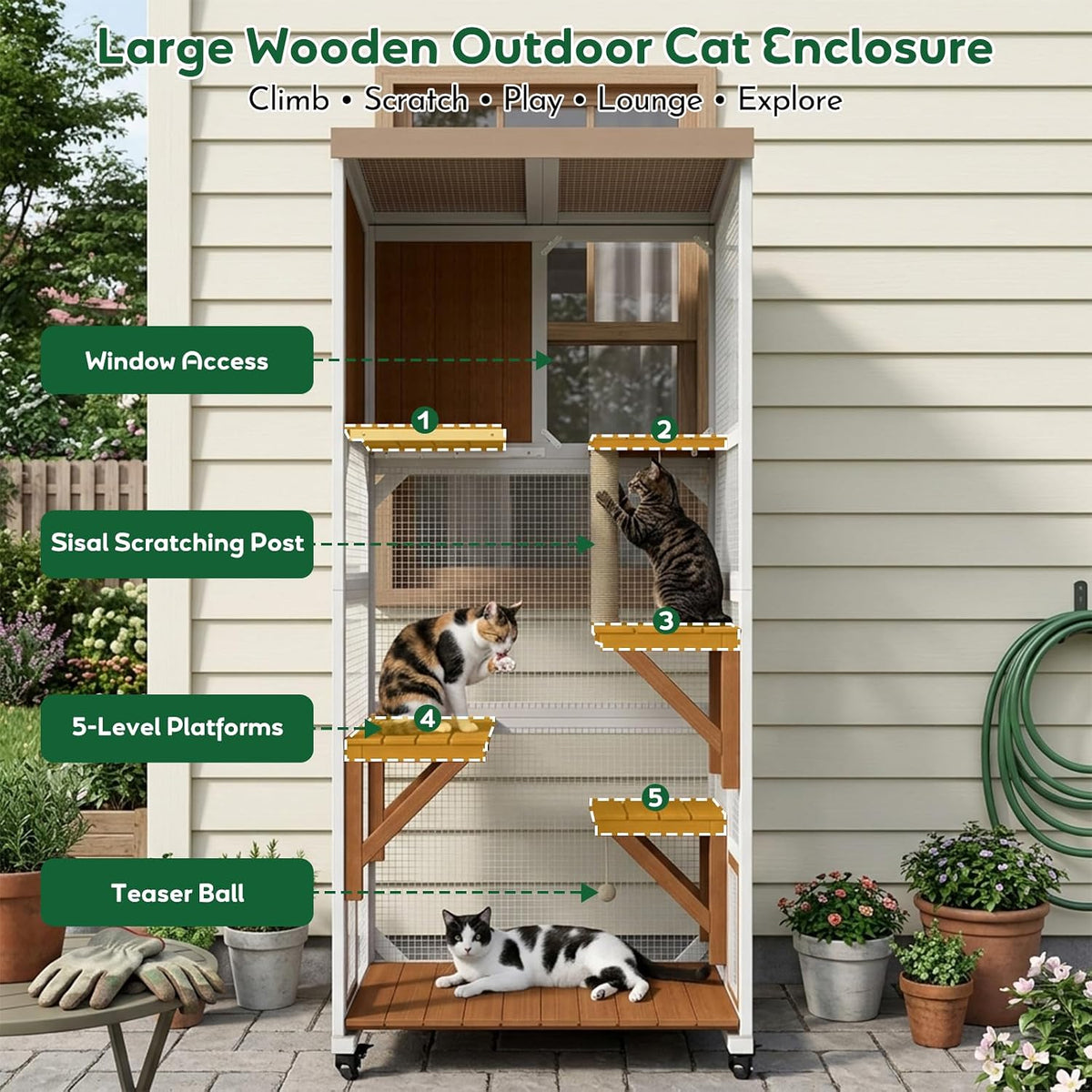 outdoor catio cat enclosure with wheels, window catio shown in use