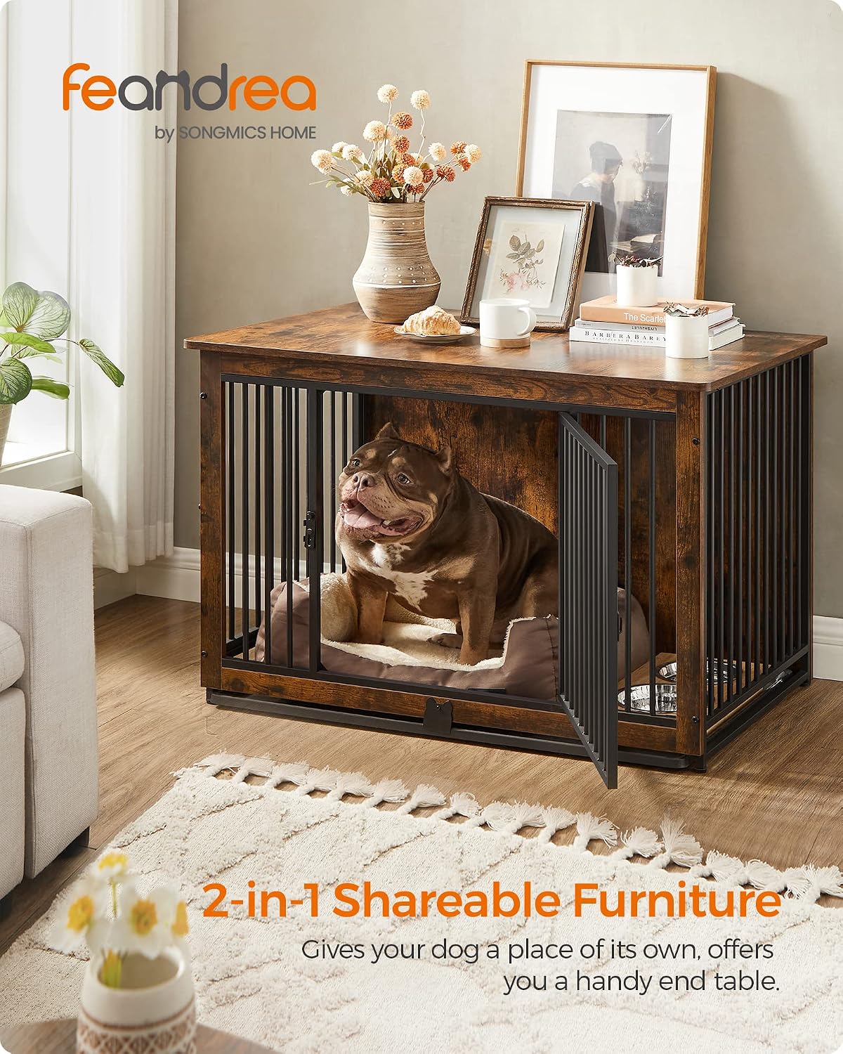 feandrea 38" dog crate furniture, heavy-duty dog kennel shown in use