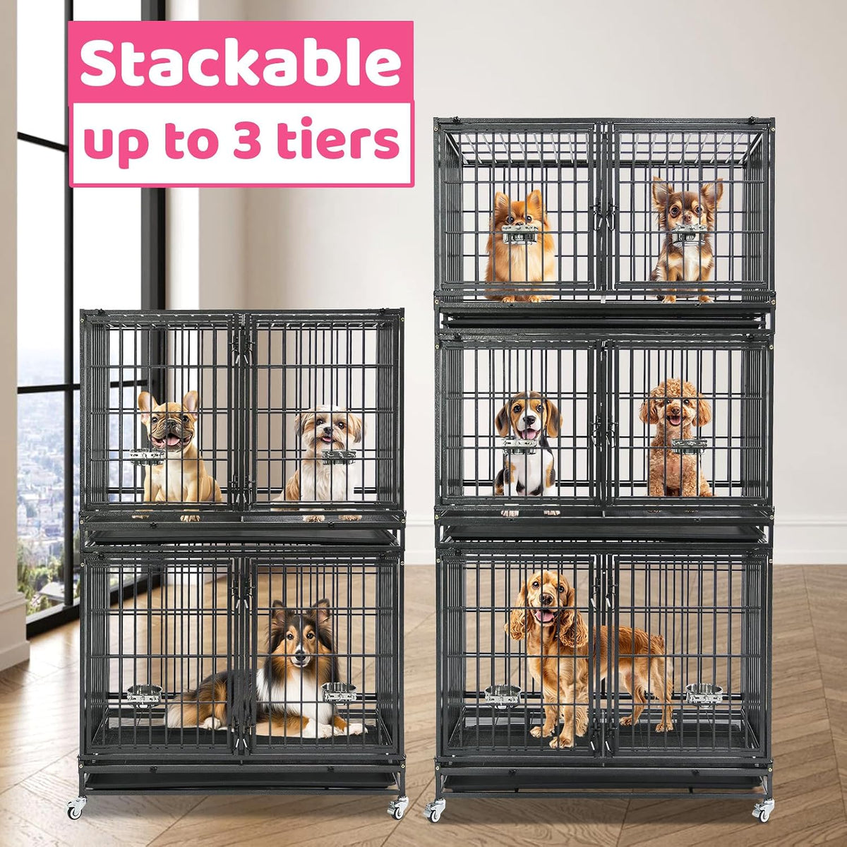 two tiers 42 inch stackable heavy duty dog, side view