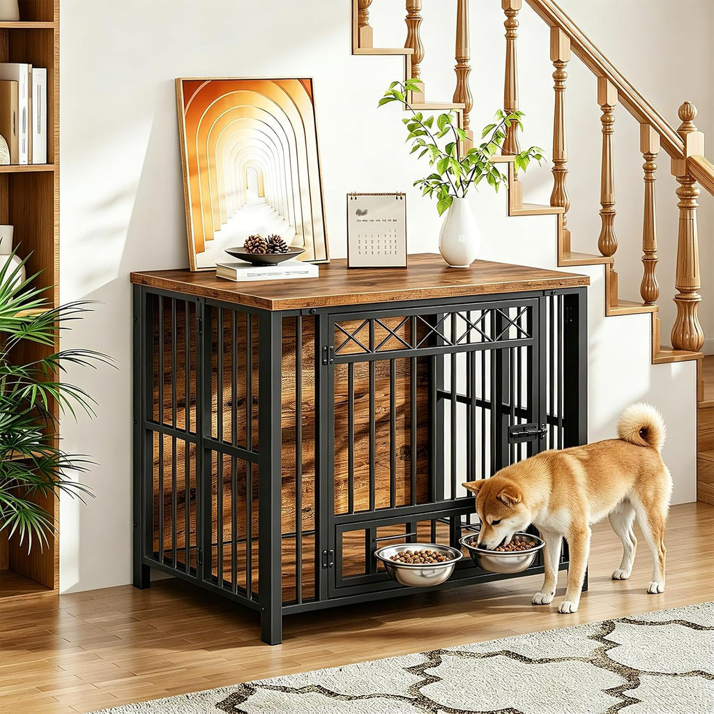 hoobro foldable dog crate furniture with 360° rotating showing dimensions