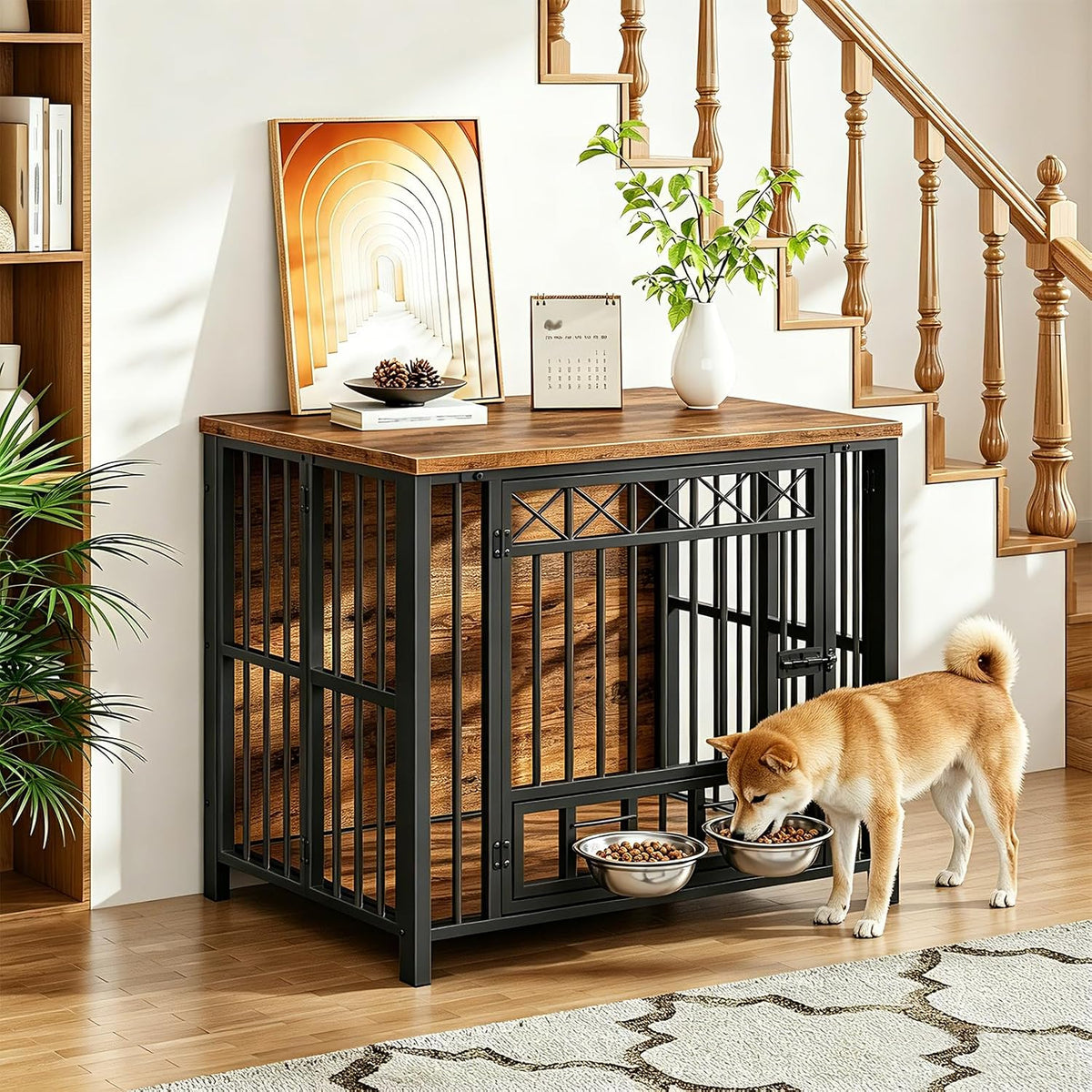 hoobro foldable dog crate furniture with 360° rotating showing dimensions
