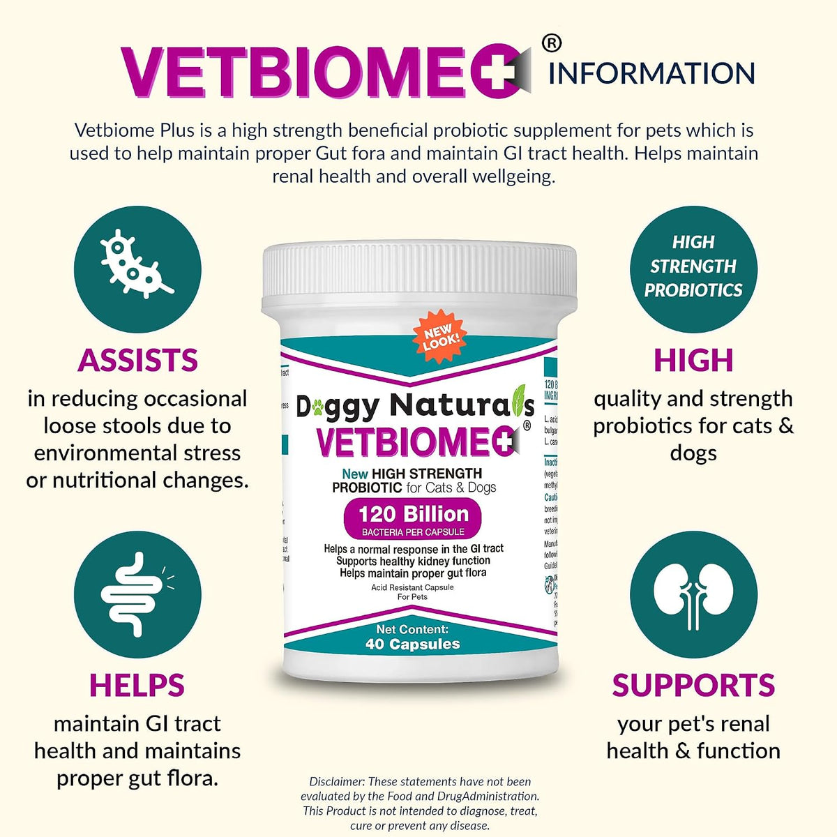 vetbiome plus high strength probiotics for pets (120 showing dimensions