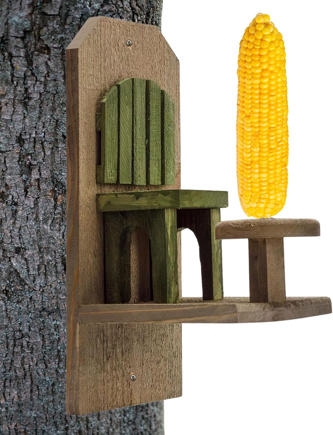 uncle dunkels’ chair squirrel feeder, handmade wood table, main product view