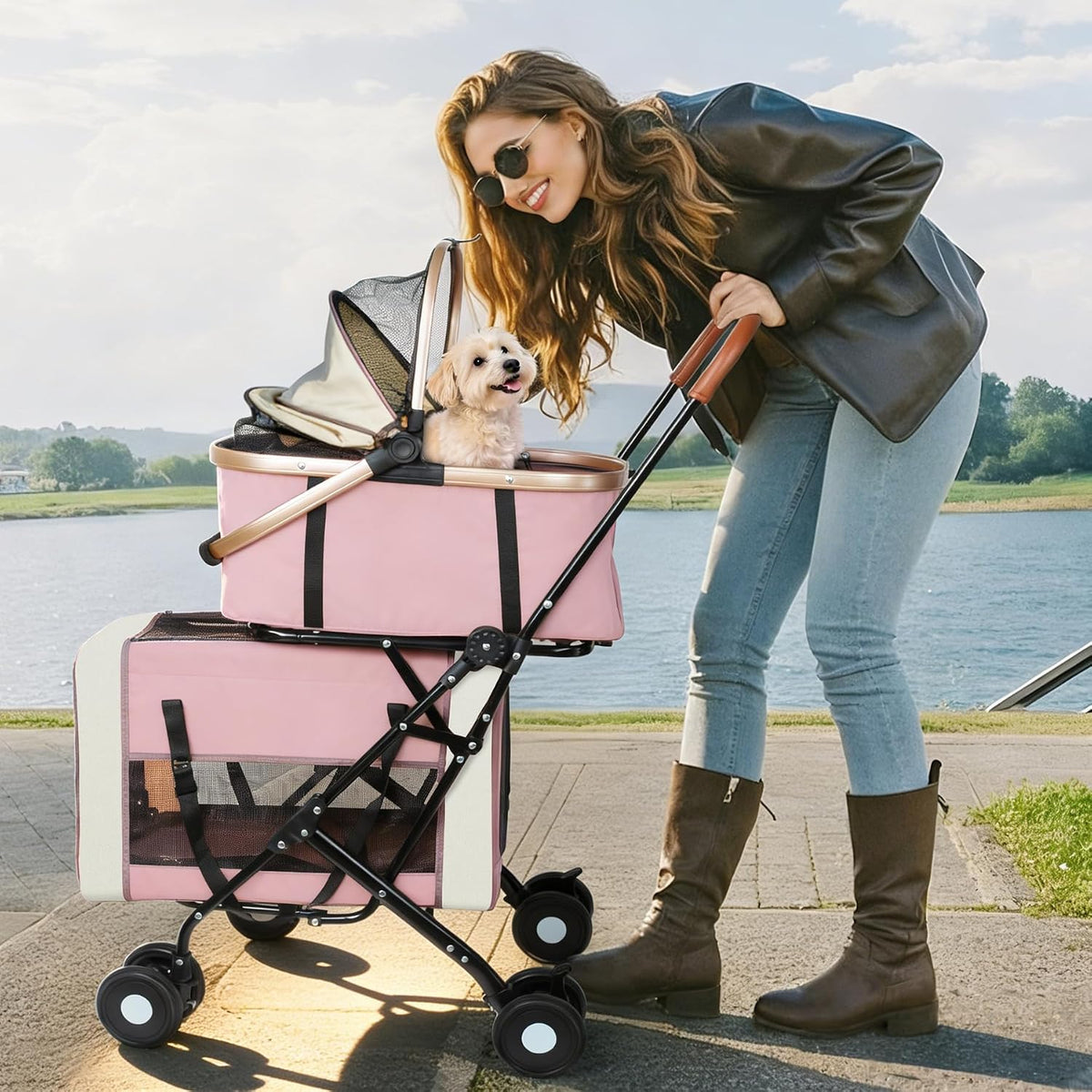double pet stroller, 4 lockable wheels for small‑medium, front angle view