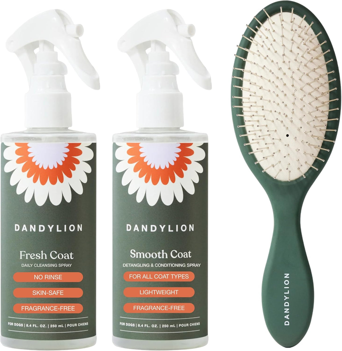 dandylion coat care trio, waterless shampoo, doodle detangler, main product view