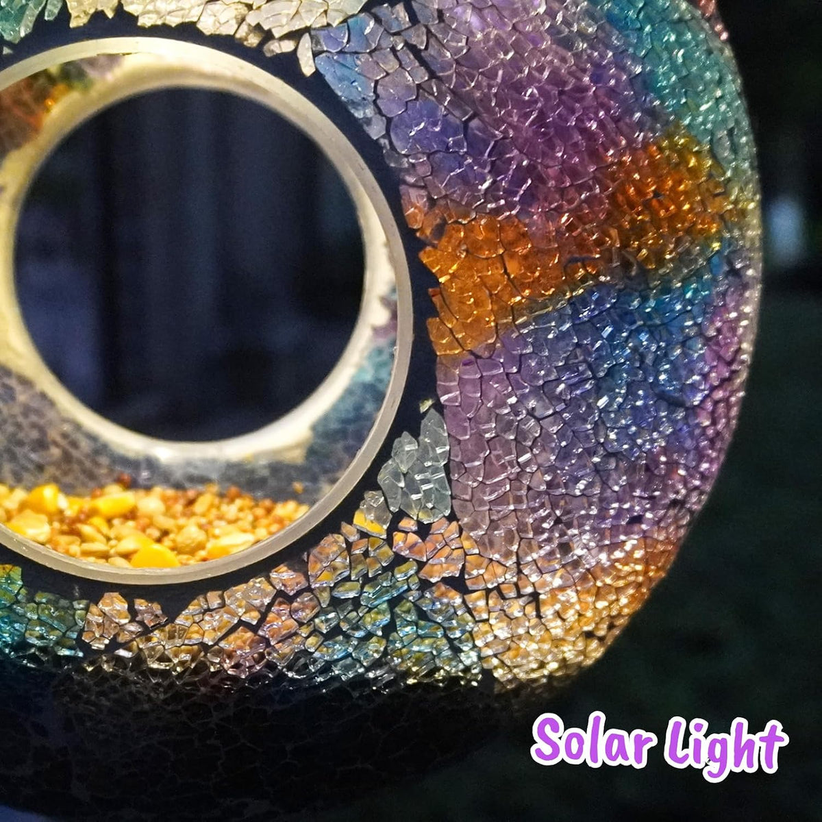 fly through mosaic glass bird feeder with solar, close-up detail