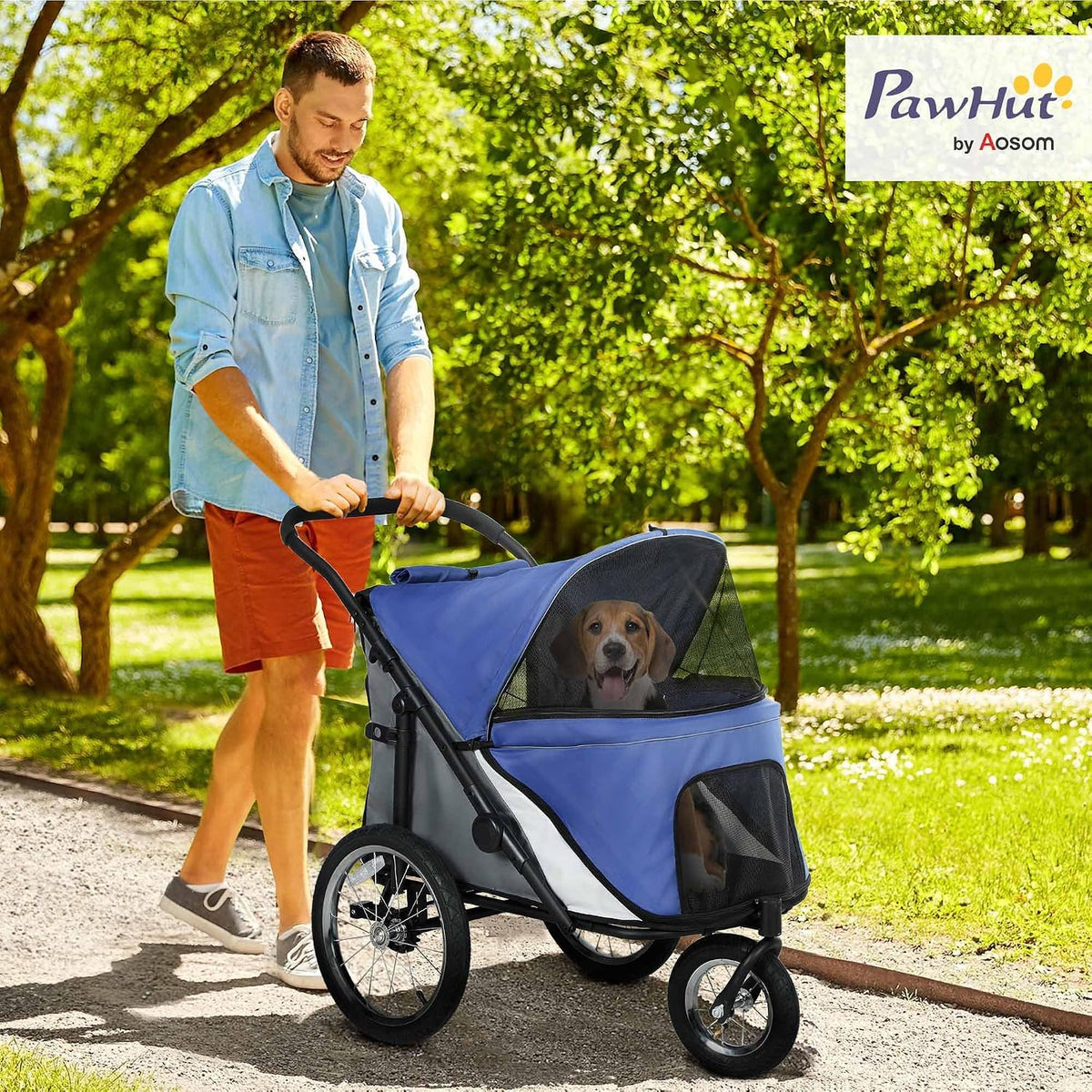 pawhut dog stroller easy one-hand fold for medium shown in use