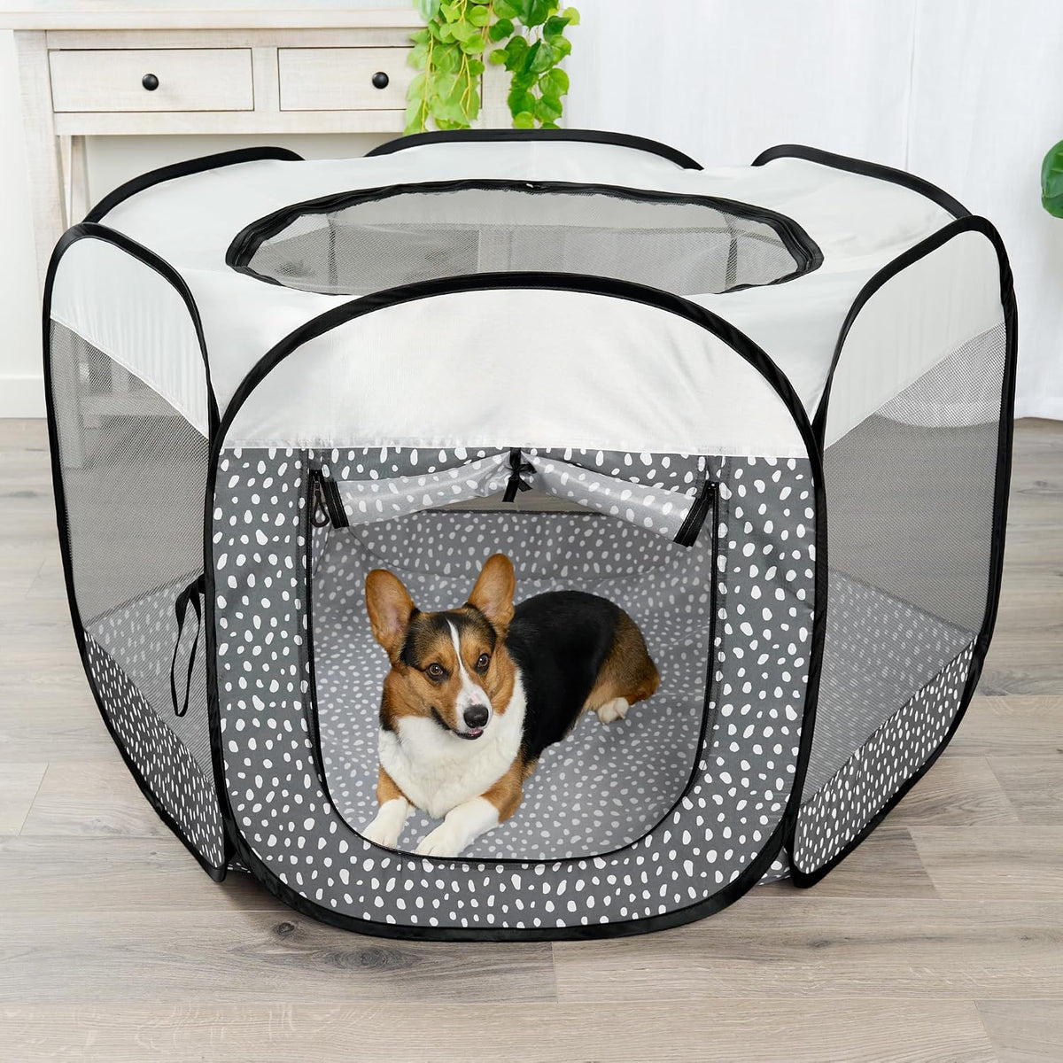 furhaven portable dog playpen cat tent, pet playground,kennel shown in use