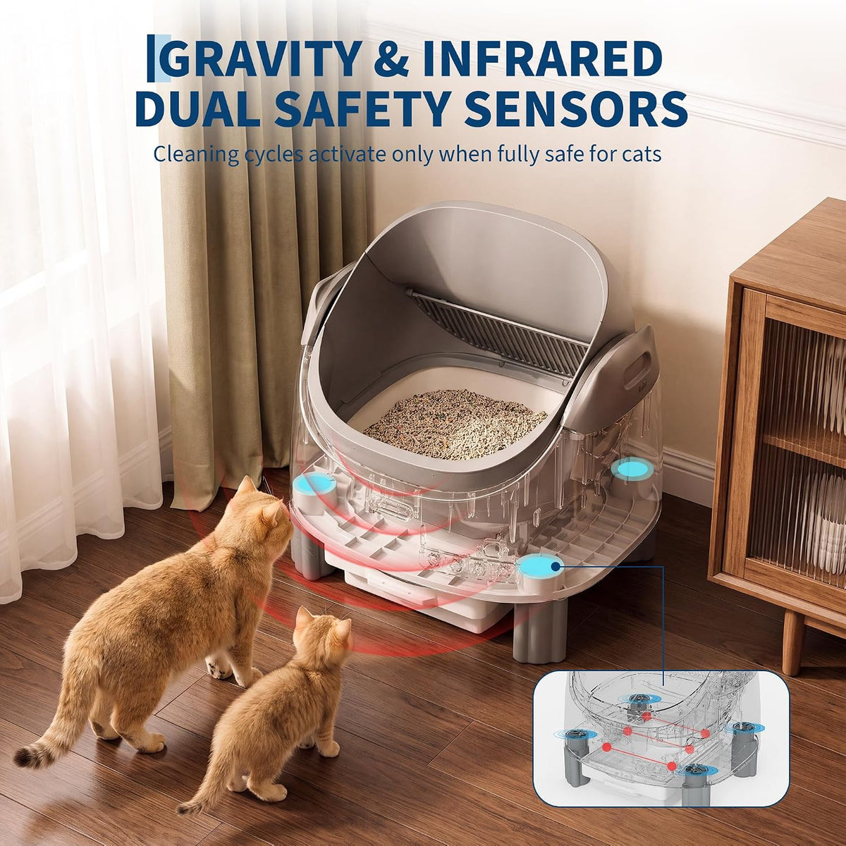 automatic self-cleaning cat litter box with app-controlled, close-up detail