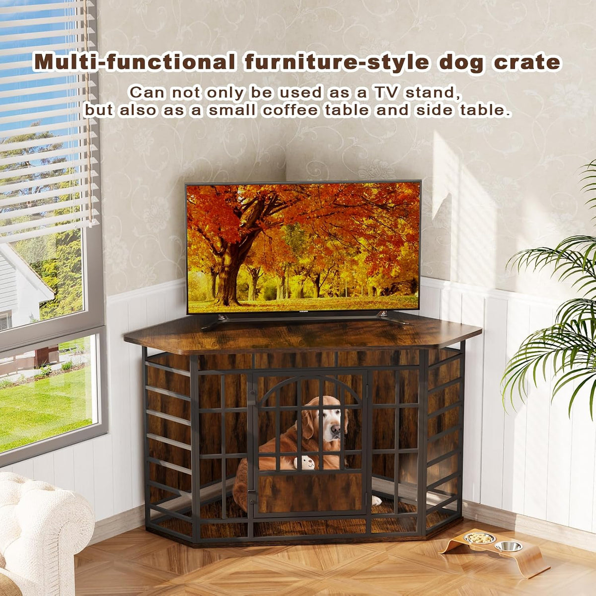 cozpaw 52" corner dog crate furniture, brown on a desk or shelf