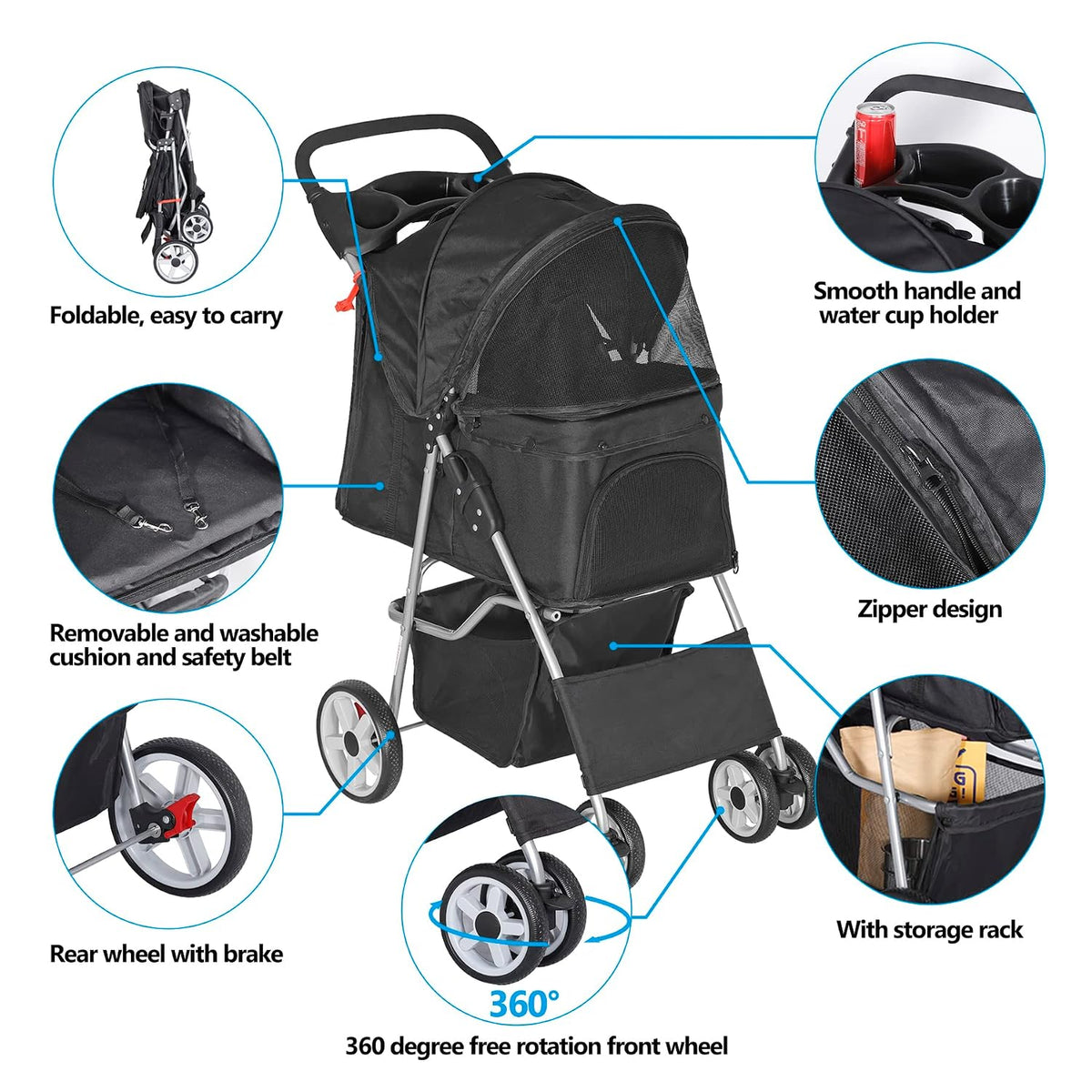 pet stroller for dogs, black 4 wheels cat, front angle view