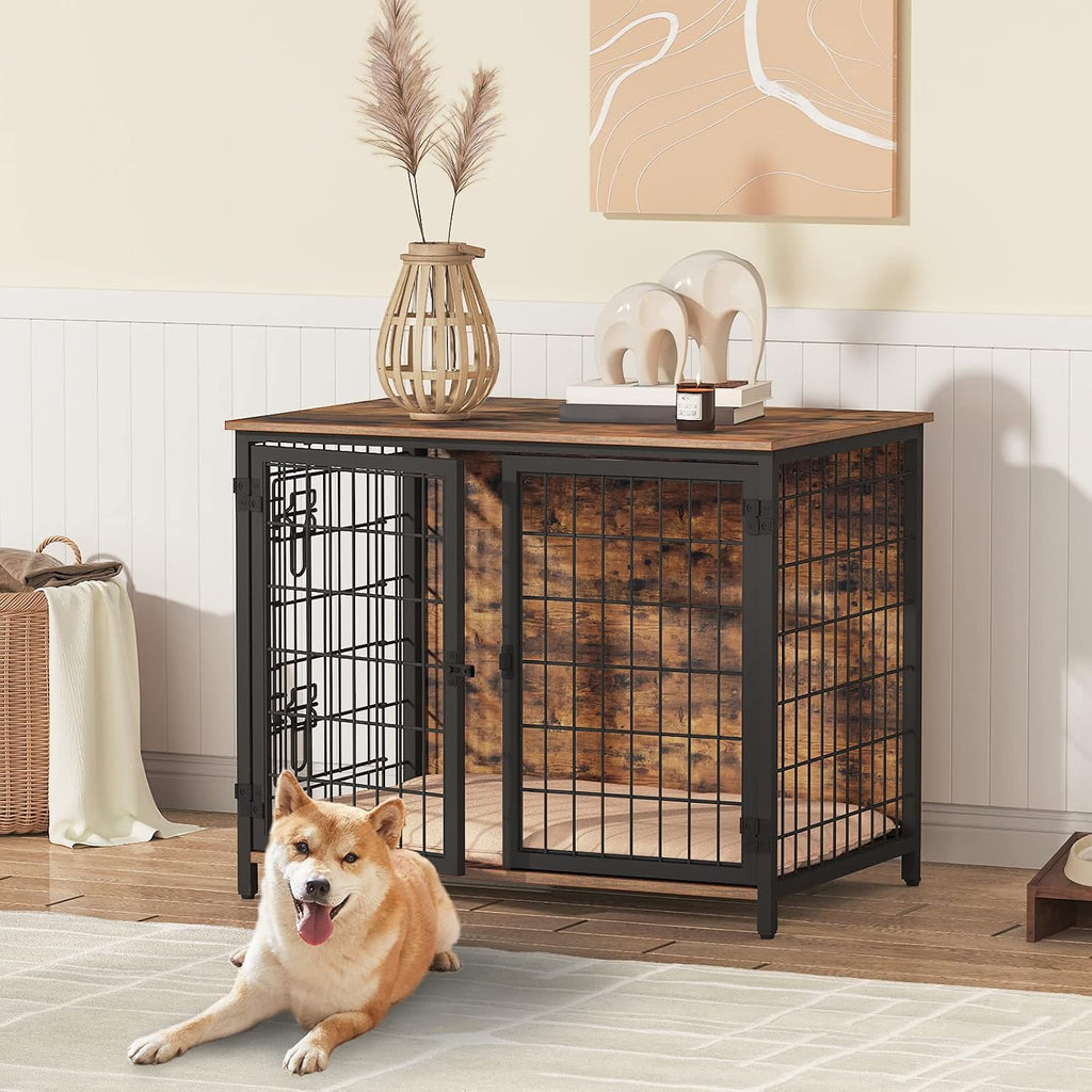 mahancris dog crate furniture with cushion, wooden dog, main product view