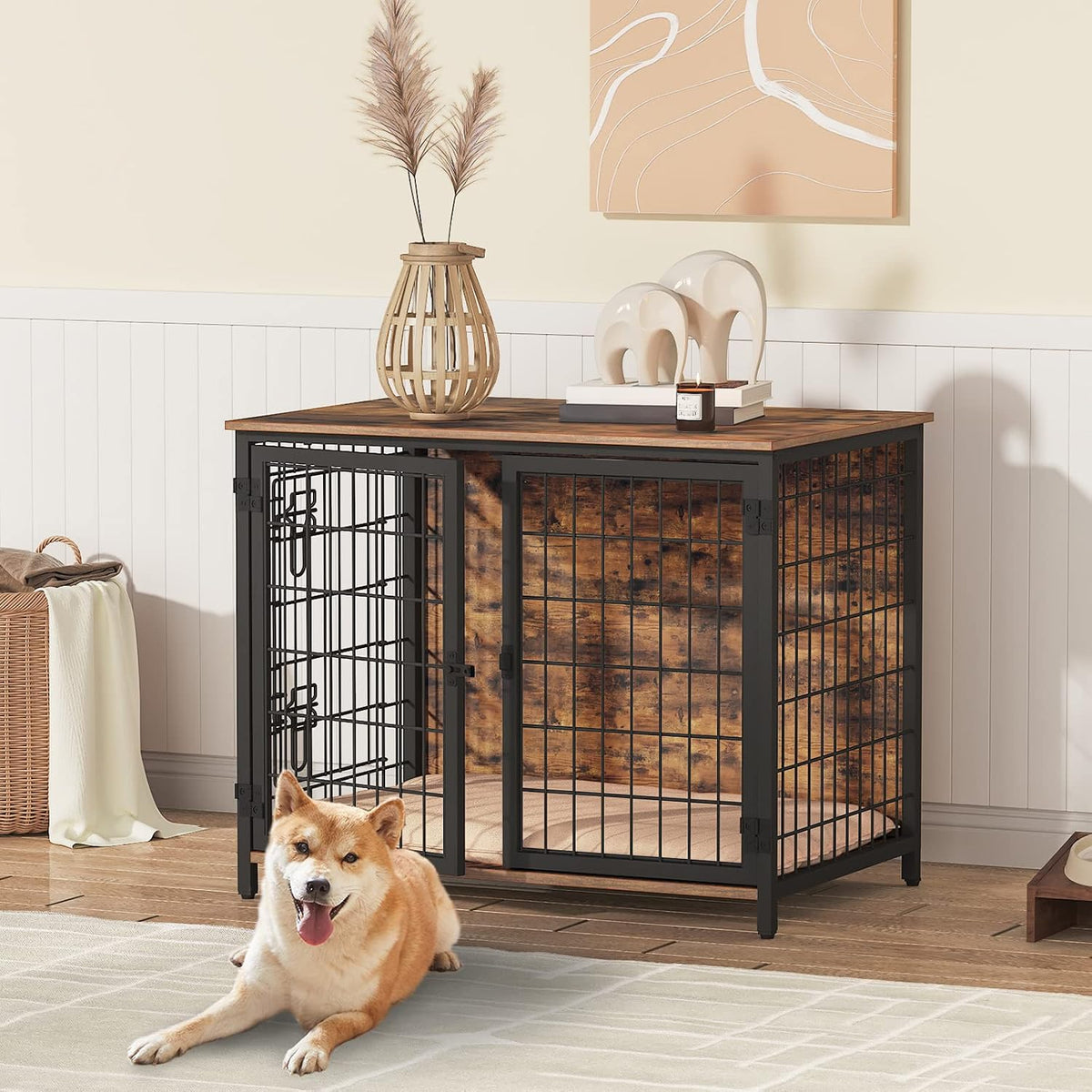 mahancris dog crate furniture with cushion, wooden dog, main product view
