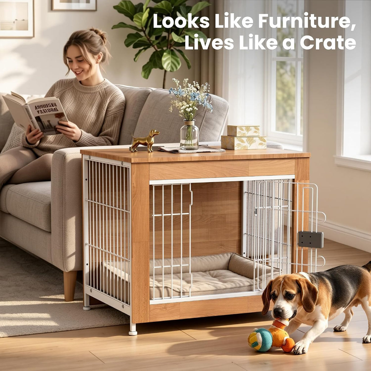 wooden dog crate furniture 27" for small to shown in use