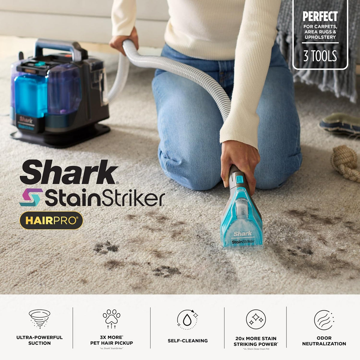 shark stainstriker hairpro portable stain cleaner, 3 tools shown in use