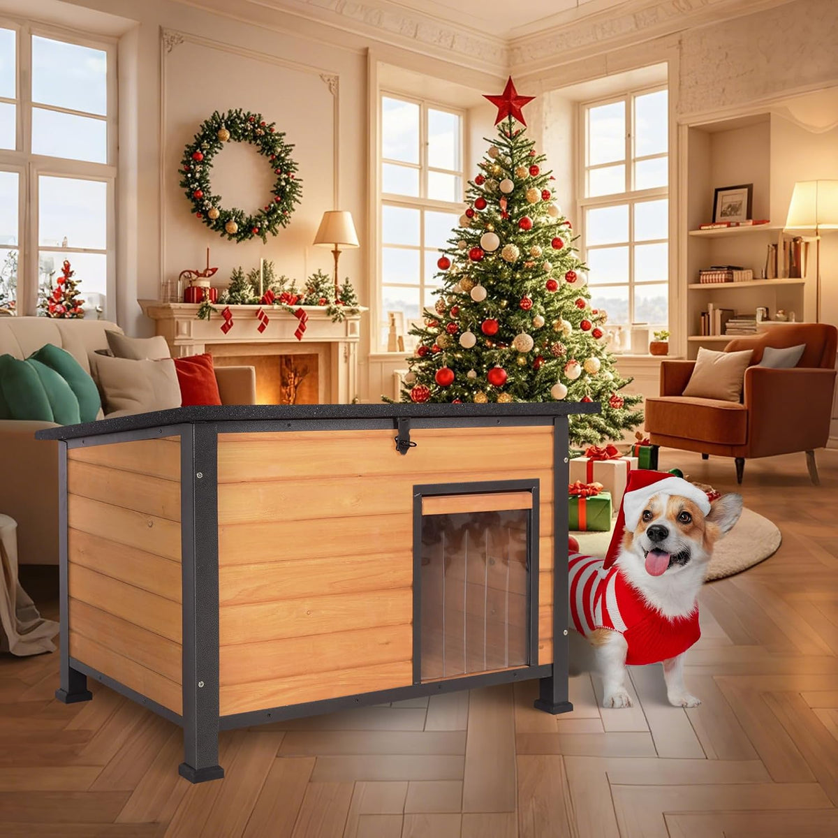dog house outdoor weatherproof, sturdy large breed doghouse, side view